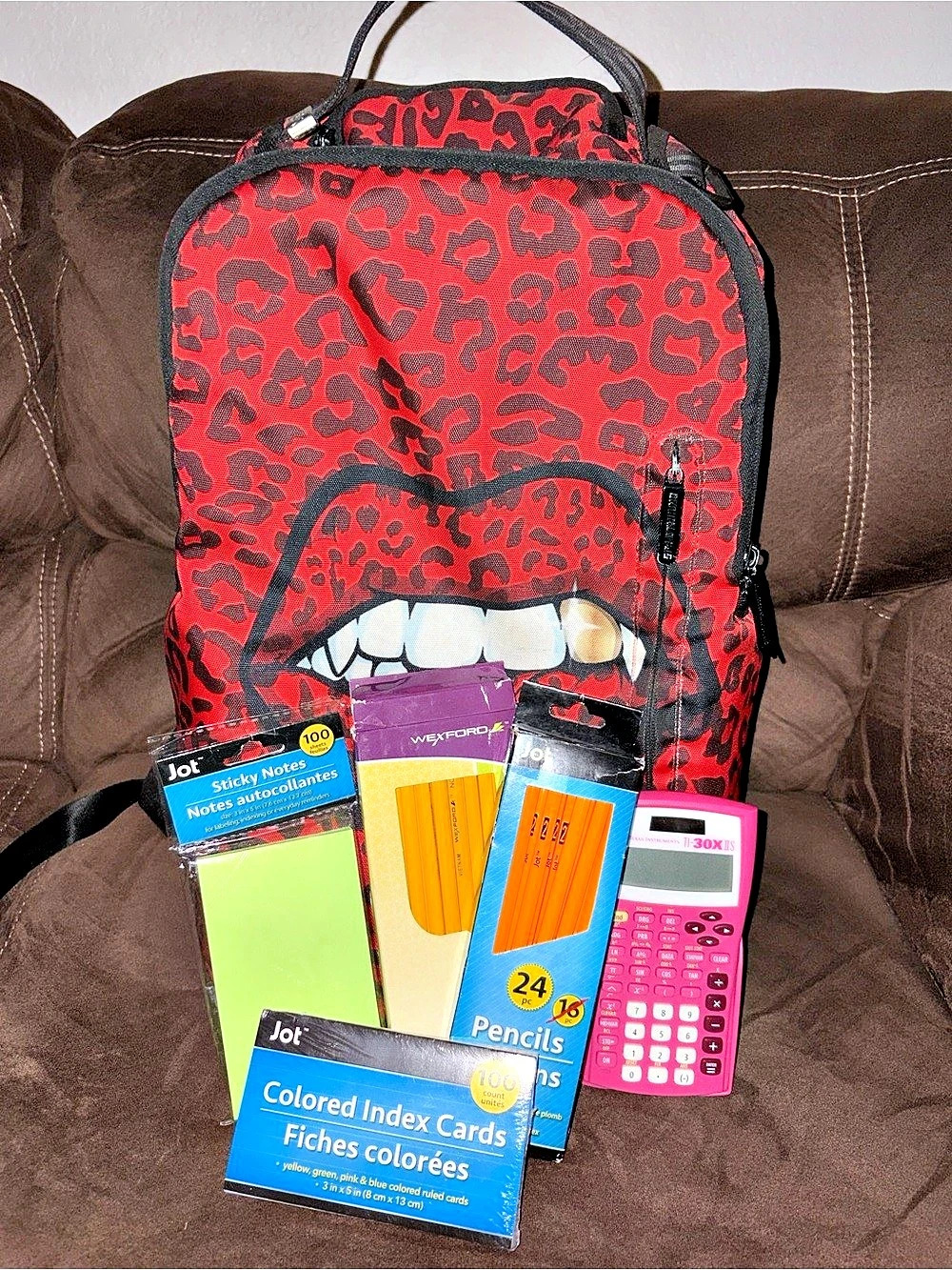Sprayground Red Leopard Lips Backpack With School Supplies Bundle
